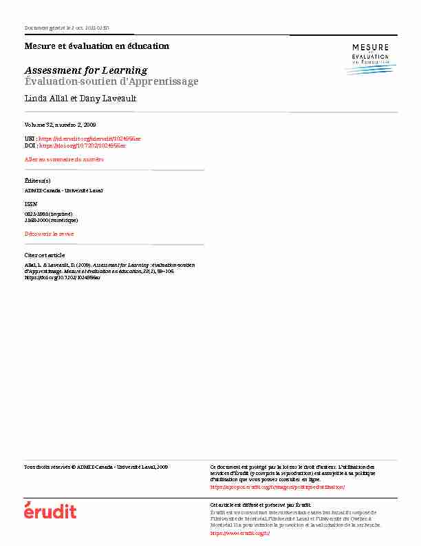 Assessment for Learning : évaluation-soutien dApprentissage