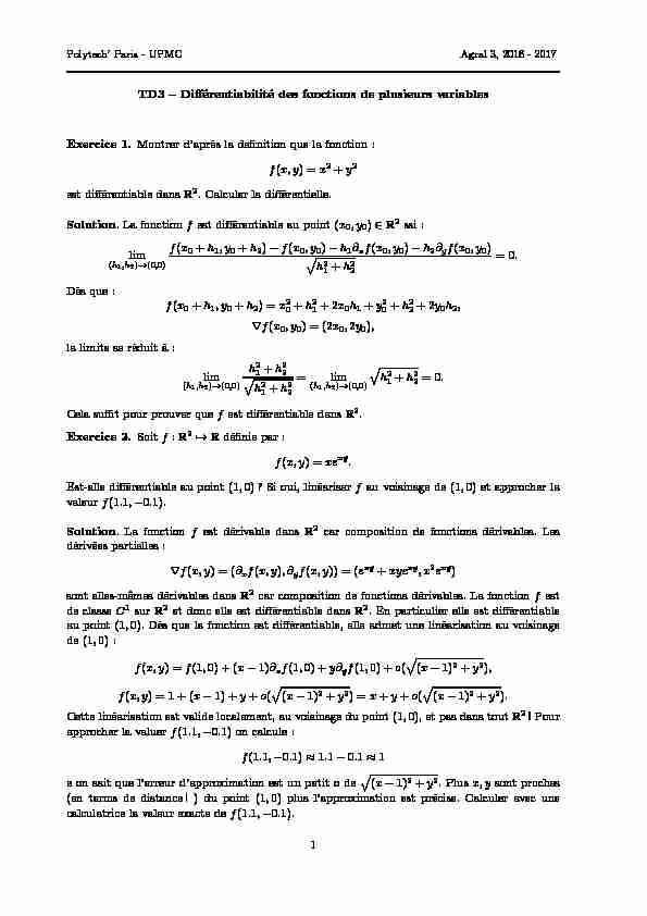 [PDF] TD3 – Différentiabilité des fonctions de plusieurs variables Exercice