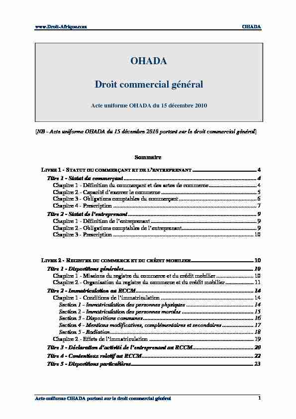 [PDF] OHADA - Acte uniforme du 15 decembre 2010 portant  - Droit-Afrique