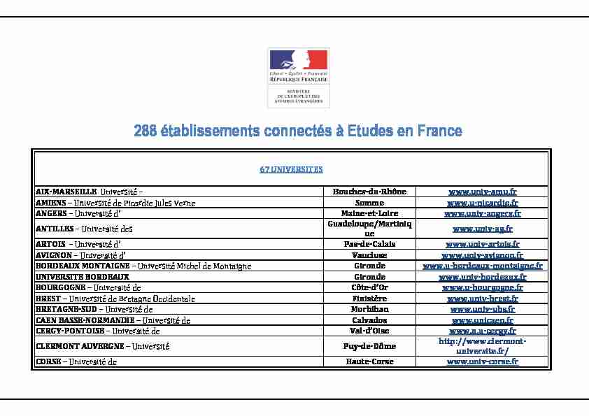 Etudes en France - liste des établissements connectés au 1er