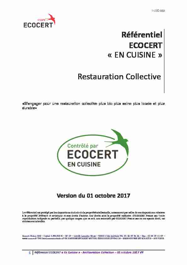 Référentiel ECOCERT « EN CUISINE » Restauration Collective – 01