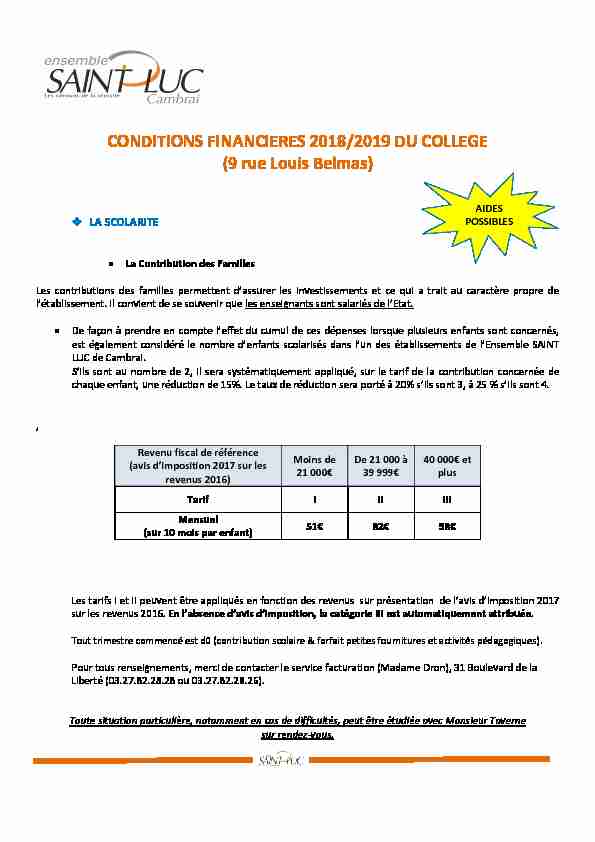 CONDITIONS FINANCIERES 2018/2019 DU COLLEGE (9 rue Louis