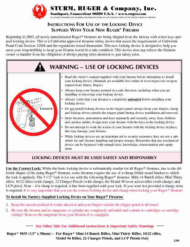 WARNING – USE OF LOCKING DEVICES - Ruger Firearms