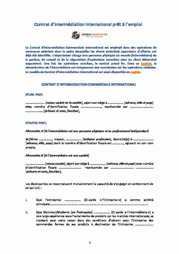 Contrat Intermédiation Commerciale International
