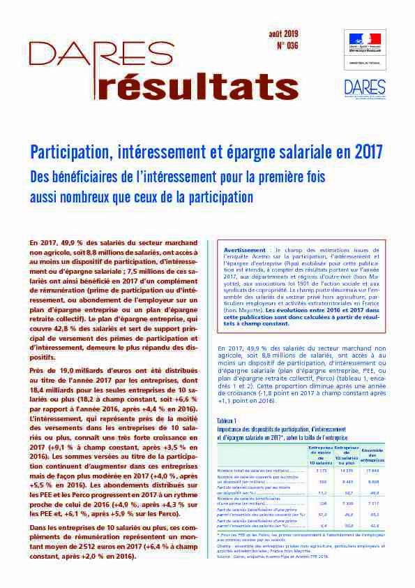 [PDF] Participation, intéressement et épargne salariale en 2017 - Dares