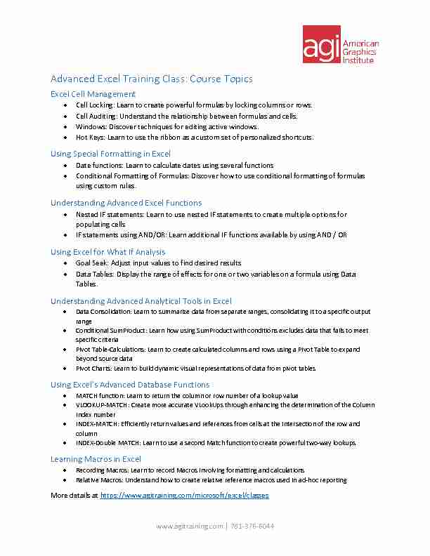 Advanced Excel Training Class: Course Topics