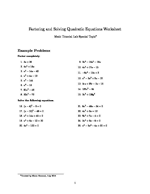 Factoring and Solving Quadratic Equations Worksheet