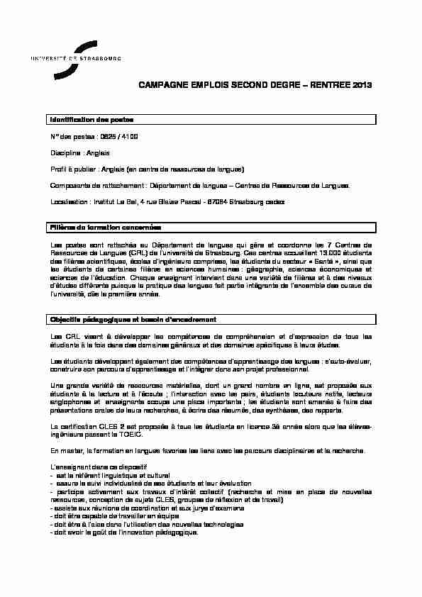 [PDF] Fiche de poste PRAG 4100 Anglais CRL - Université de Strasbourg