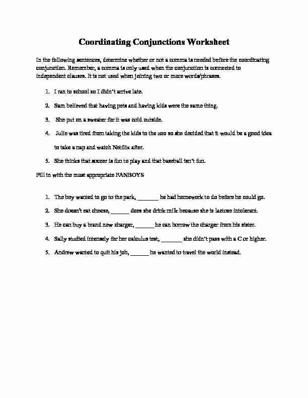 [PDF] Coordinating Conjunctions Worksheet