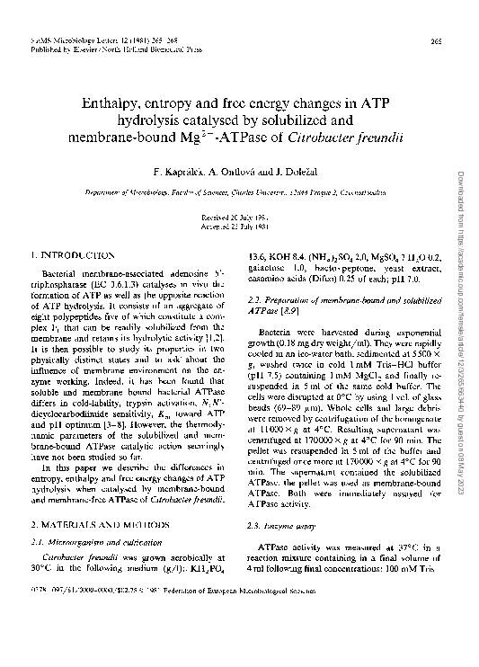 Enthalpy, entropy and free energy changes in ATP hydrolysis