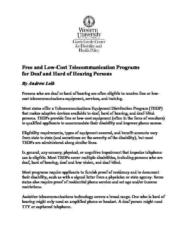 Free and Low-Cost Telecommunication Programs for Deaf and Hard