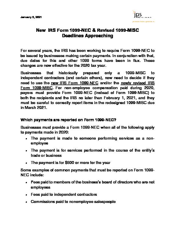 [PDF] New IRS Form 1099-NEC & Revised 1099-MISC Deadlines