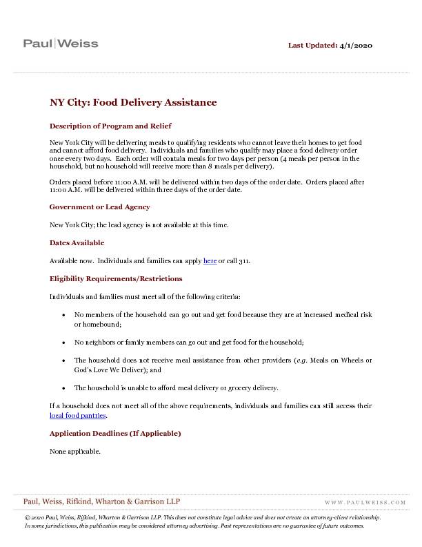 [PDF] NY City: Food Delivery Assistance - Paul, Weiss