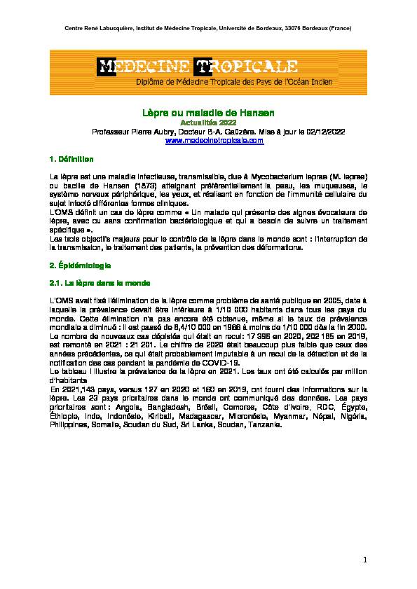 [PDF] Lèpre ou maladie de Hansen - Médecine tropicale