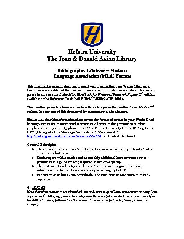 [PDF] Bibliographic Citations – MLA Format - Hofstra University