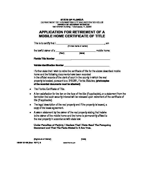 APPLICATION FOR RETIREMENT OF A MOBILE HOME