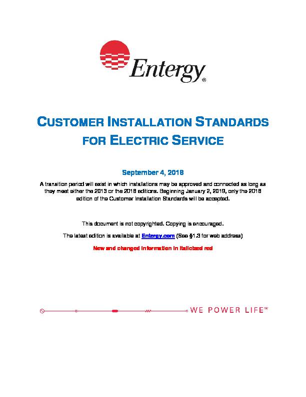 CUSTOMER INSTALLATION STANDARDS FOR ELECTRIC SERVICE