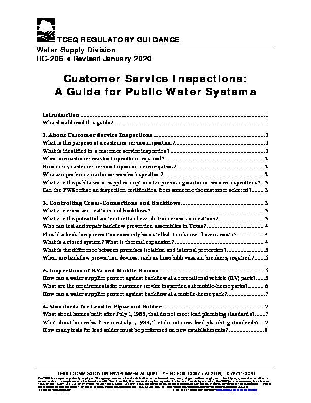 Customer Service Inspections: A Guide for Public Water Systems