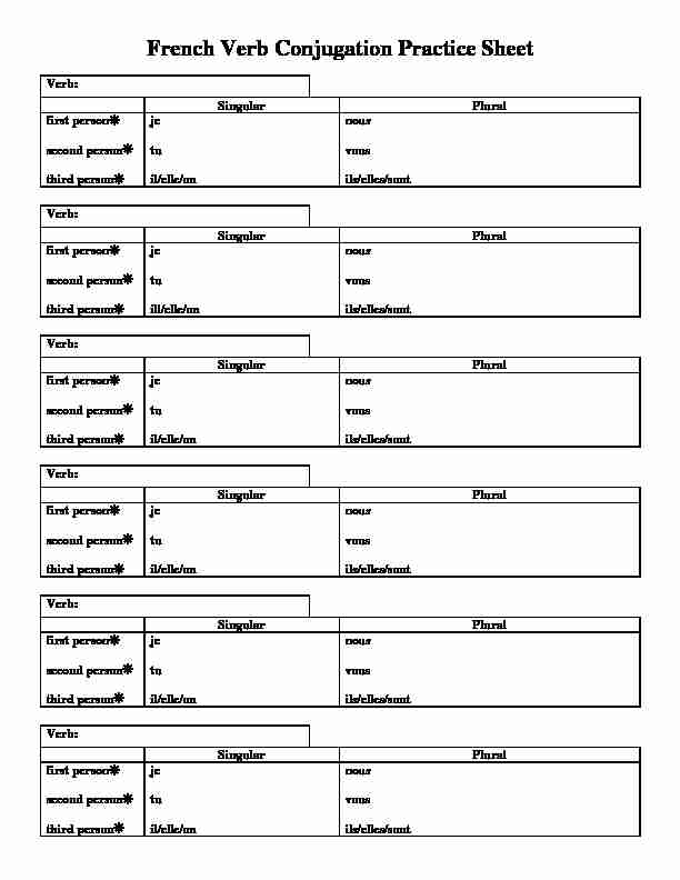 French Verb Conjugation Practice Sheet
