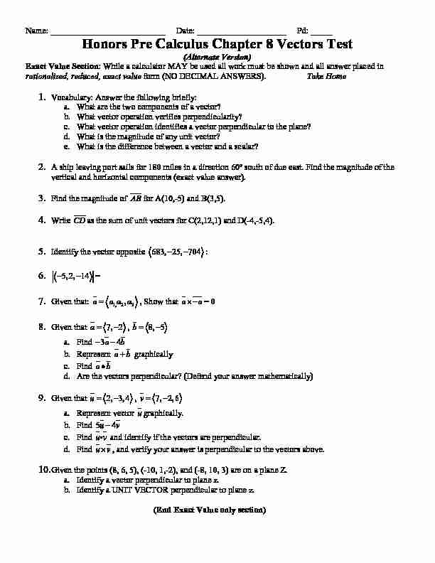 [PDF] Honors Pre Calculus Chapter 8 Vectors Test - images