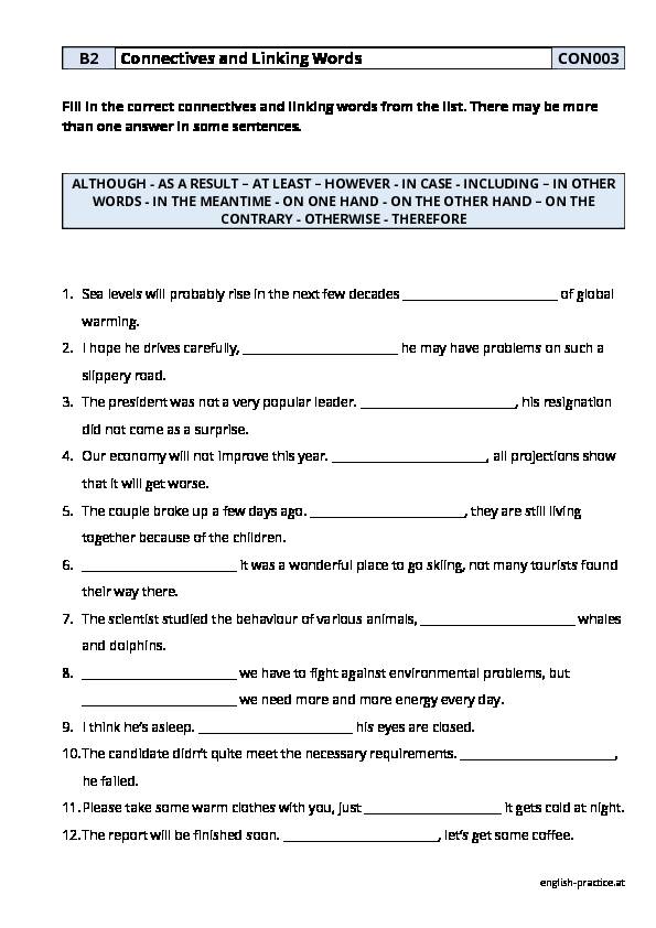 Connectives and Linking Phrases - PDF Grammar Worksheet - B2