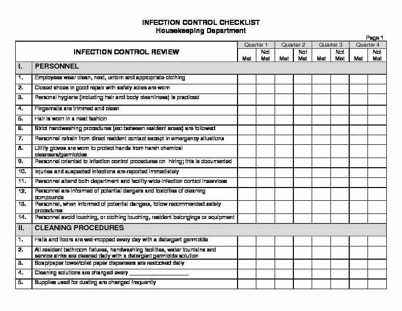 INFECTION CONTROL CHECKLIST Housekeeping Department