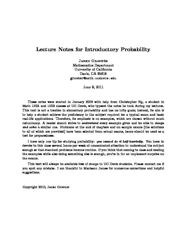 [PDF] Lecture Notes for Introductory Probability - Berkeley Statistics