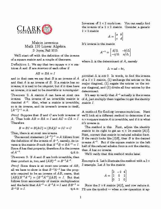 Matrix inversion Math 130 Linear Algebra