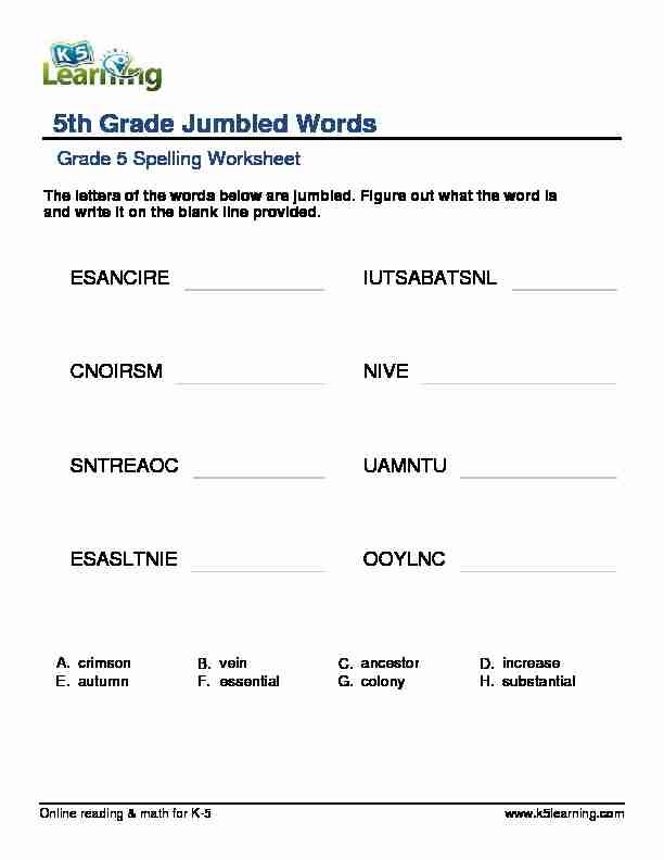Spelling – 5th grade jumbled words - printable fifth grade 5 worksheet