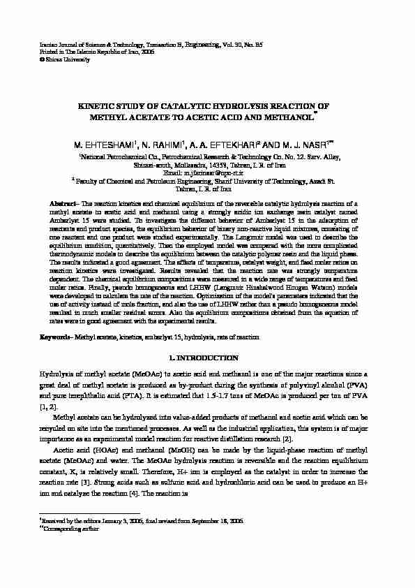 kinetic study of catalytic hydrolysis reaction of methyl acetate to