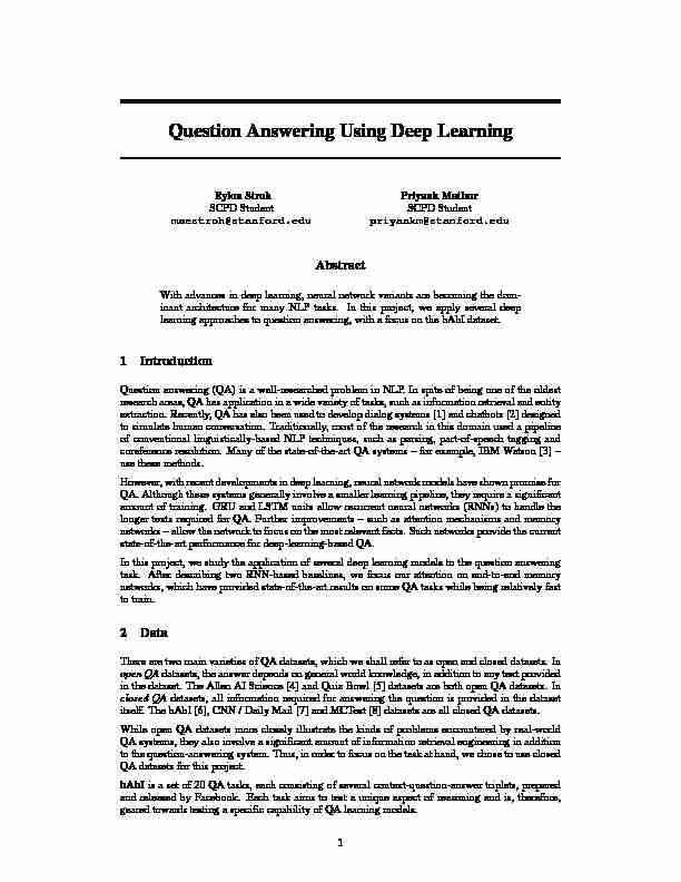 [PDF] Question Answering Using Deep Learning - Deep Learning for
