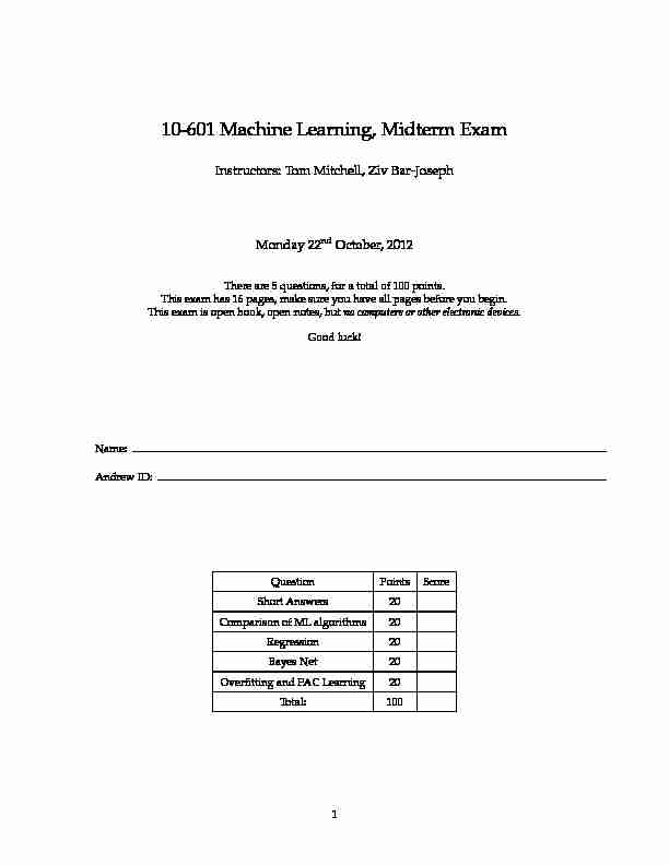 10-601 Machine Learning Midterm Exam