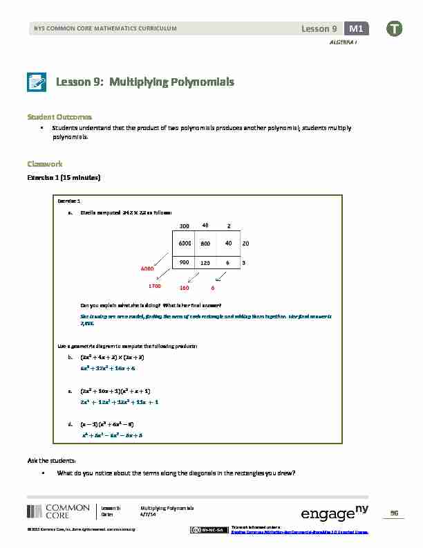 Lesson 9: Multiplying Polynomials