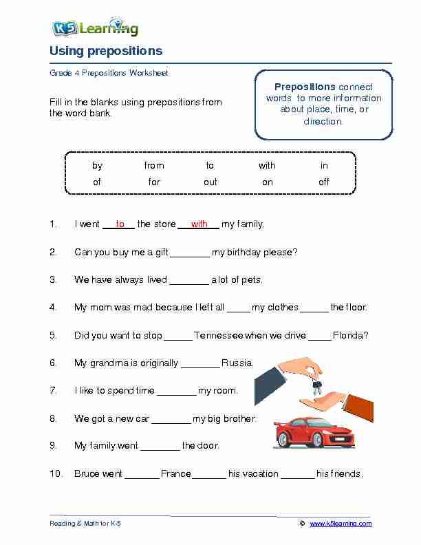 Using prepositions worksheet - K5 Learning