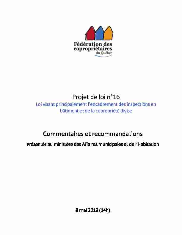 [PDF] Projet de loi n°16 Commentaires et recommandations - ExpoCondo
