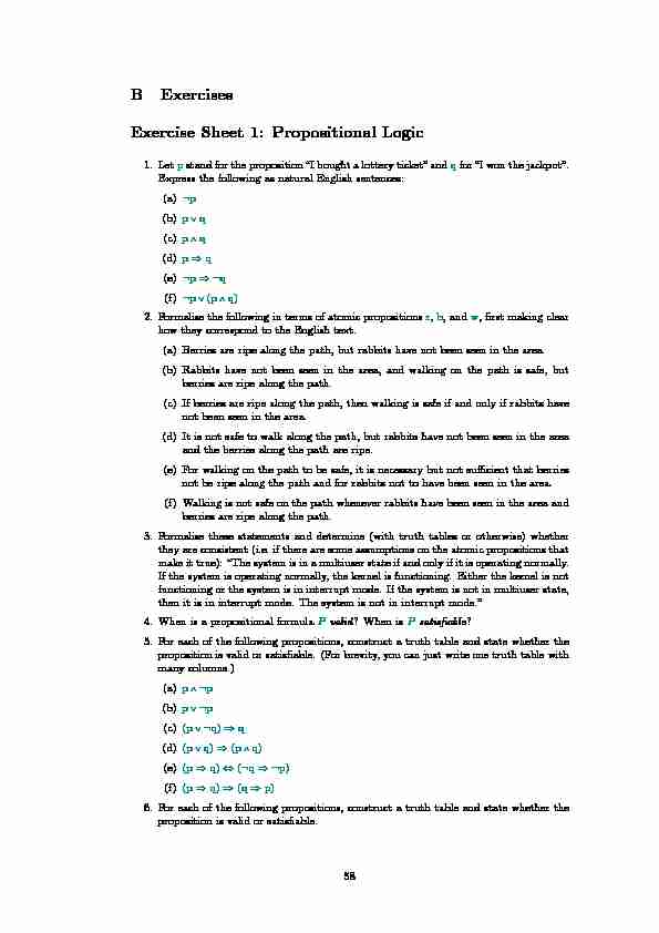 B Exercises Exercise Sheet 1: Propositional Logic