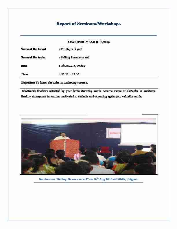 Report of Seminars/Workshops