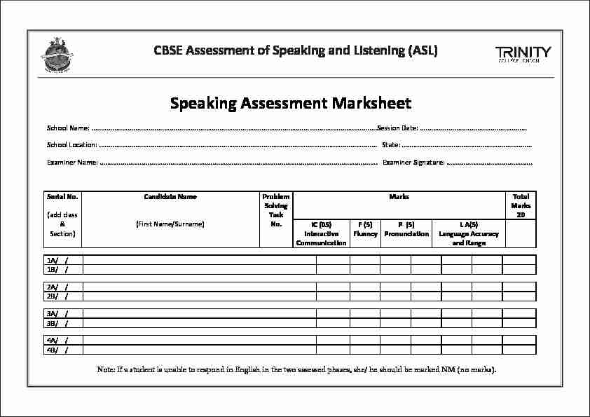Speaking Assessment Marksheet