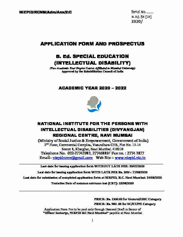 APPLICATION FORM AND PROSPECTUS B. Ed. SPECIAL