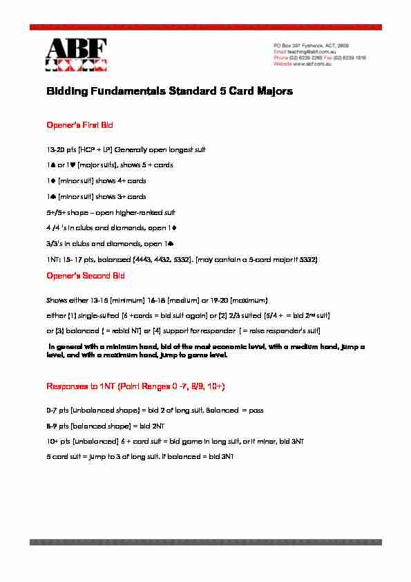 Bidding Fundamentals Standard 5 Card Majors
