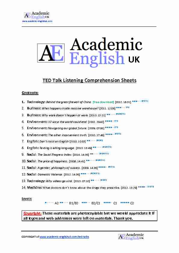 [PDF] TED Talk Listening Comprehension Sheets - Academic English UK