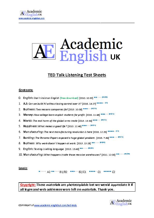 [PDF] TED Talk Listening Test Sheets - Academic English UK
