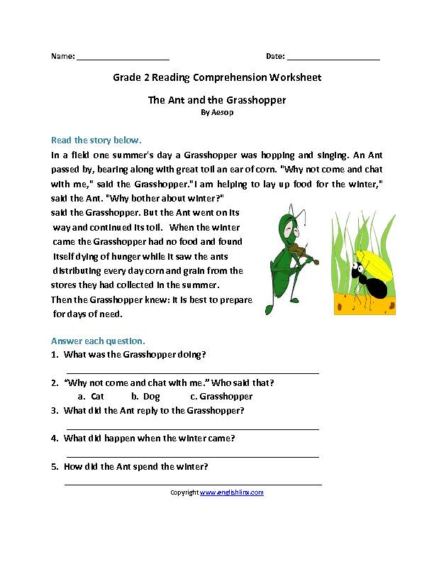 Grade 2 Reading Comprehension Worksheet The Ant and the