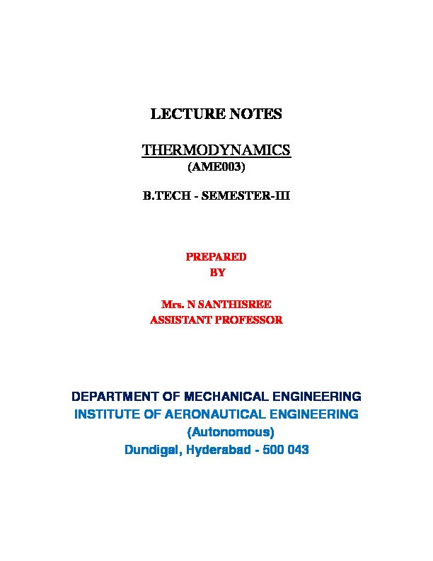 LECTURE NOTES THERMODYNAMICS