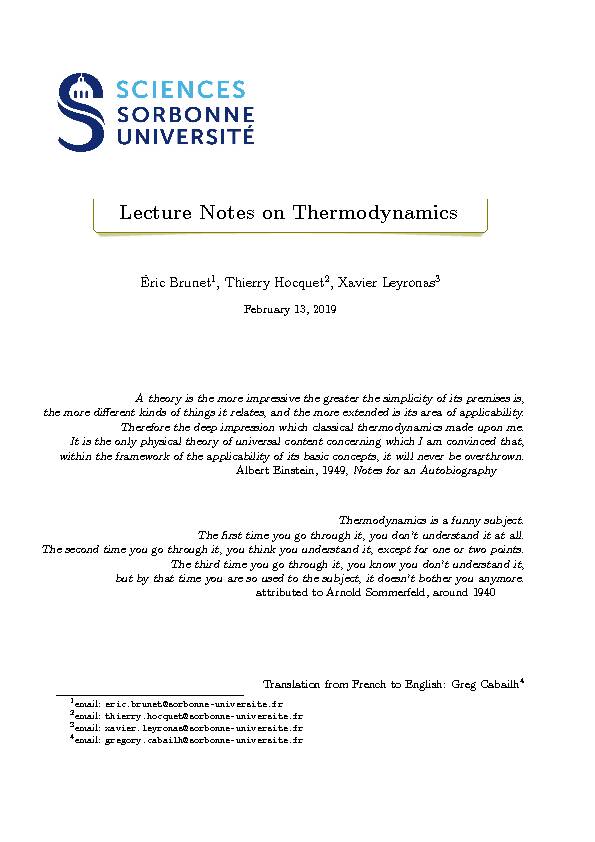 [PDF] Lecture Notes on Thermodynamics
