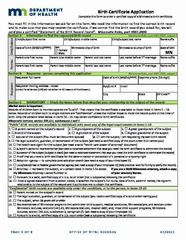 [PDF] Birth Certificate Application - Minnesota Department of Health