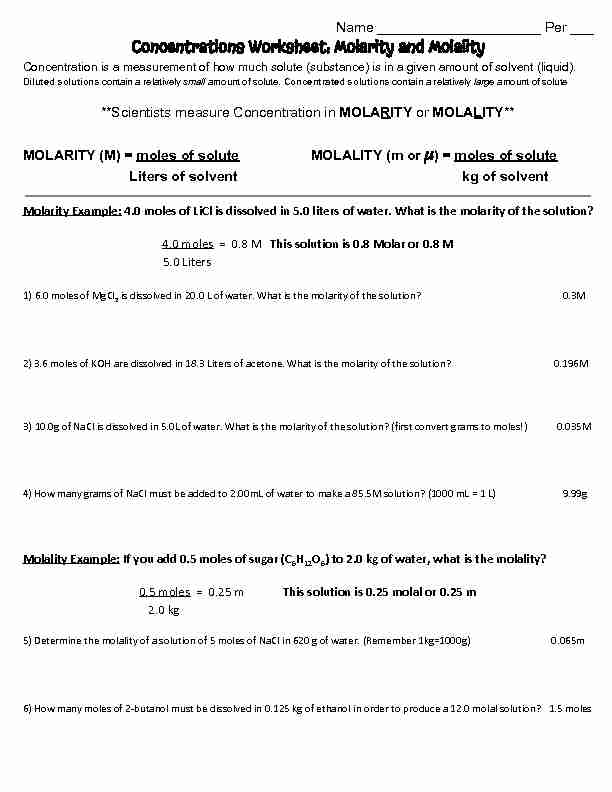 [PDF] Concentrations Worksheet: Molarity and Molality