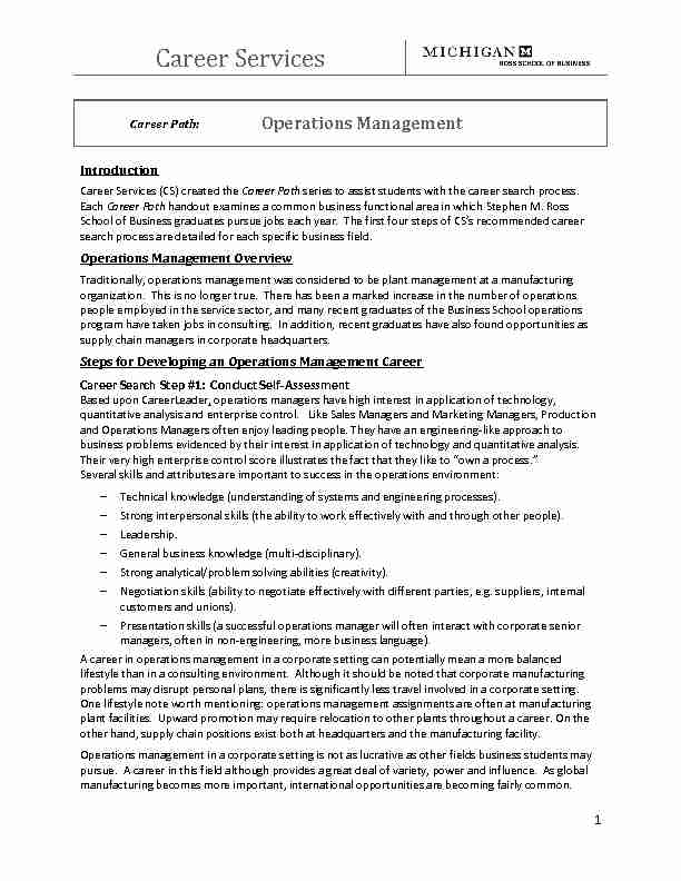CAREER PATH: Operations Management