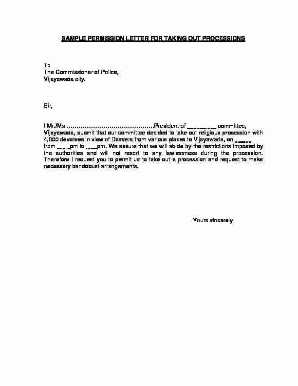 SAMPLE PERMISSION LETTER FOR TAKING OUT PROCESSIONS