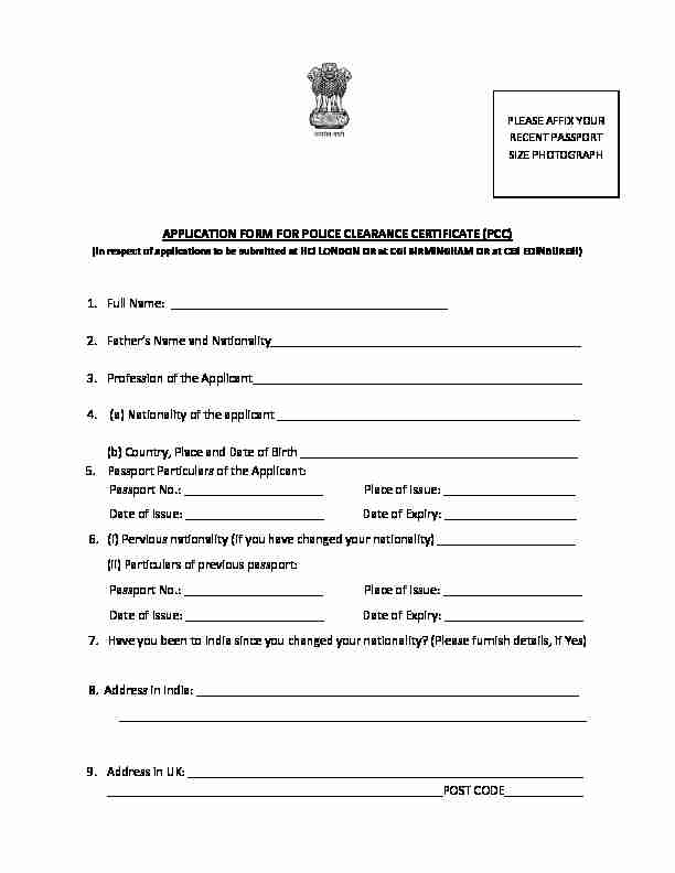 APPLICATION FORM FOR POLICE CLEARANCE CERTIFICATE
